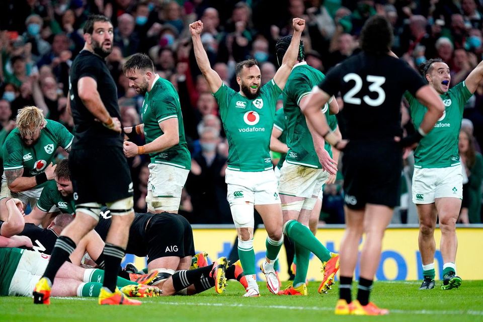 Ireland's Jamison Gibson-Park (centre) celebrates after Ronan Kelleher (not pictured) scores his side's second try during the autumn International match at Aviva Stadium in Dublin last year