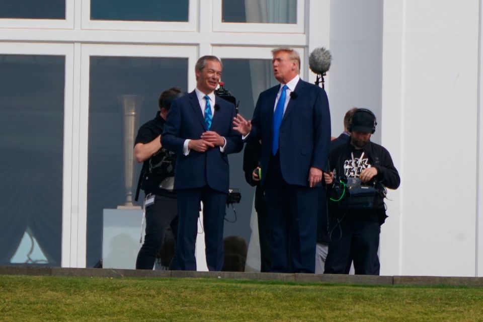 Former US president Donald Trump alongside Nigel Farage from GB News during an interview at his Trump Turnberry course in Scotland. Photo: Andrew Milligan/PA Wire