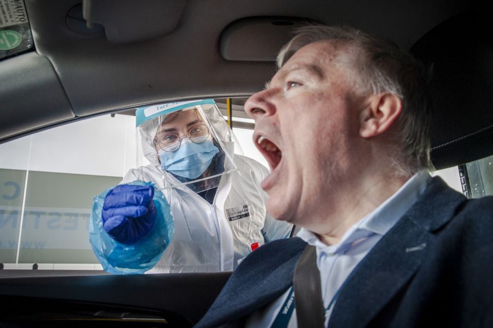 Tester Samantha Jakstonyte with Niall MacCarthy, Managing Director, Cork Airport at its RocDoc drive-thru Covid-19 testing centre. Photo: Daragh Mc Sweeney/Provision