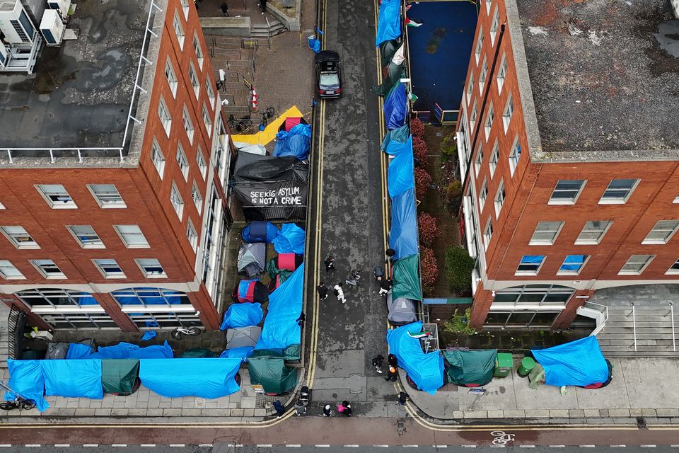 Dublin tent bearing the slogan 'Seeking asylum is not a crime'. Photo: PA