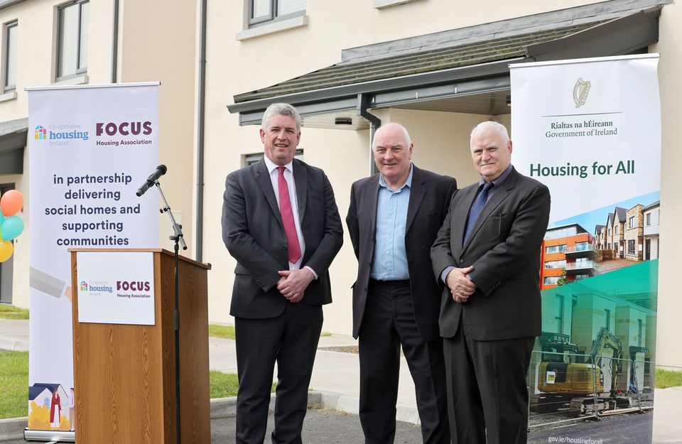 CEO Focus Ireland, Pat Deenigan, Pearse O'Shiel, Chairperson, Co-operative Housing Ireland and Kieron Brennan, CEO of Co-operative Housing Ireland at the official launch of 67 new homes in Castleisland. Photo by Valerie O'Sullivan.