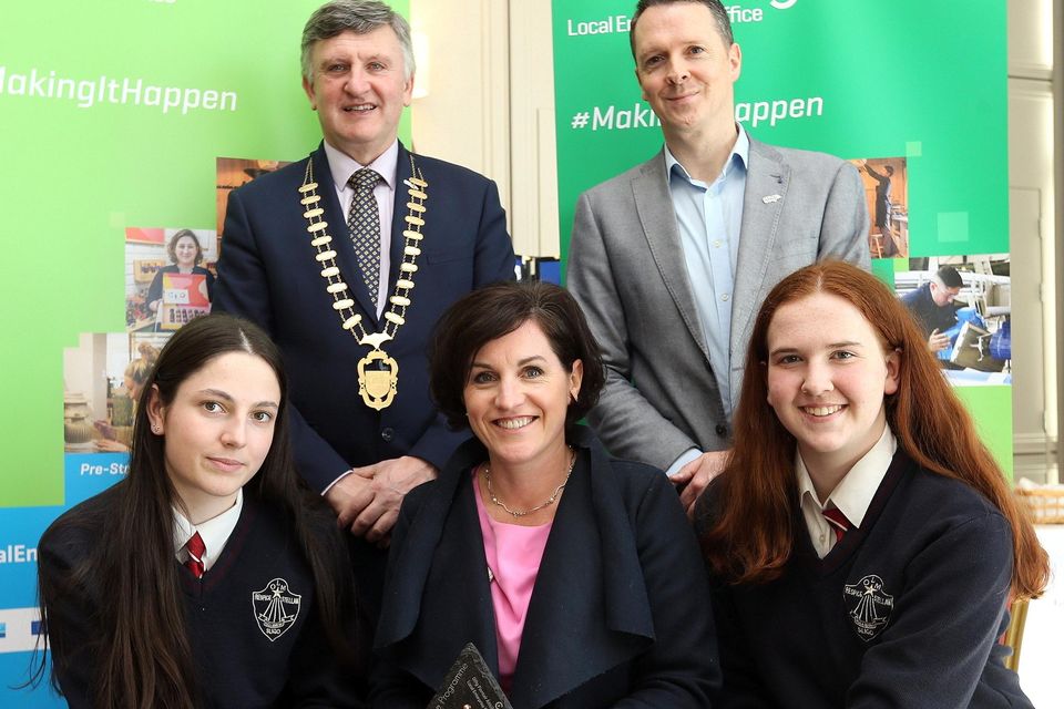 Innovation Award - Book Cozy. Back: Cathaoirleach Cllr. Michael Clarke and Stephen Walshe, Business Adviser, LEO Sligo. Front: Lauren Healy, Sarah Dufficy and Sarah Walshe.