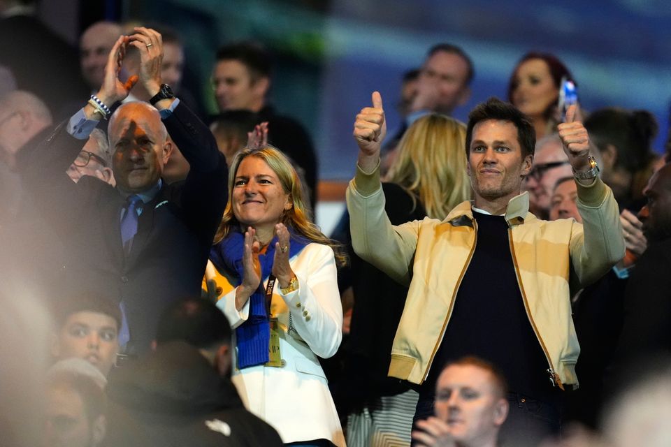 (left to right) Birmingham City chairman Tom Wagner with wife Cindy Wagner and Birmingham City co-owner Tom Brady in the stands