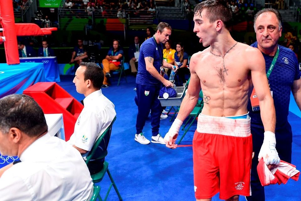 Michael Conlan let ringside judges know exactly what he thought after his controversial defeat by Russian boxer Vladimir Nikitin at the Rio Olympics. Picture: Sportsfile