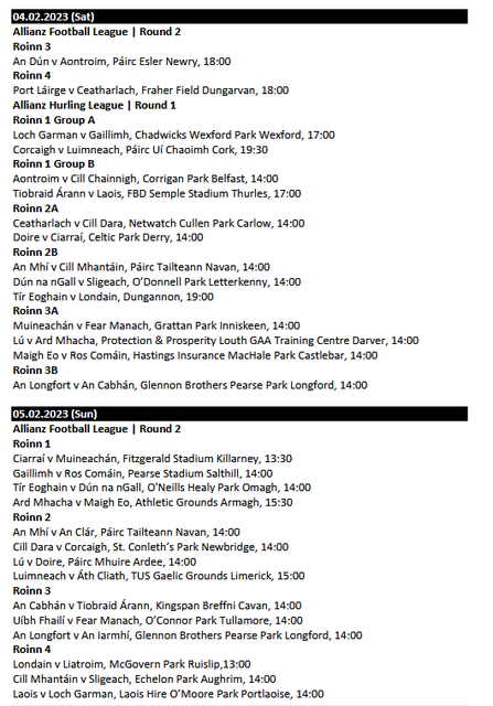 Fixtures released for 2023 National Hurling & Football leagues