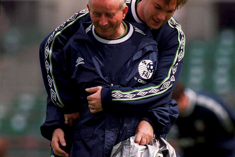 7 June 1999; Jason McAteer, right, takes on equipment manager Charlie O'Leary during a Republic of Ireland training session at Lansdowne Road in Dublin. Photo by David Maher/Sportsfile