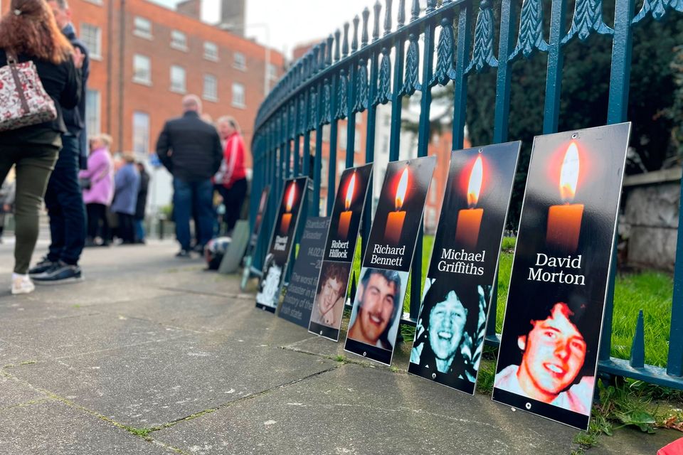 Relatives of those killed in the Stardust fire gather at the Garden of Remembrance in Dublin ahead of the first day of the inquest. Photo: PA