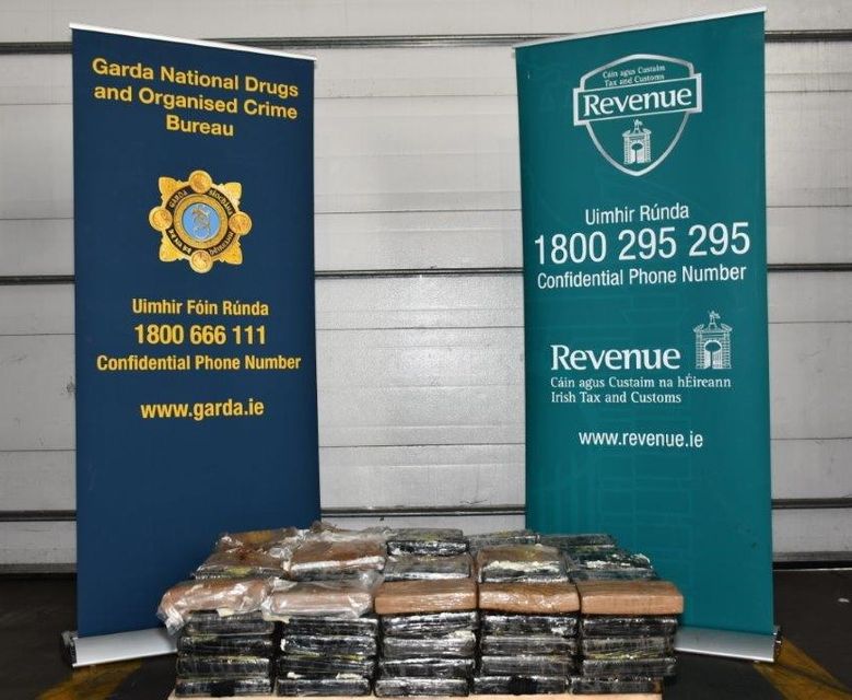 Approximately 150kg of suspected cocaine with an estimated value of €10.5 million was seized at Dublin Port. Source: An Garda Síochána Dublin Facebook.