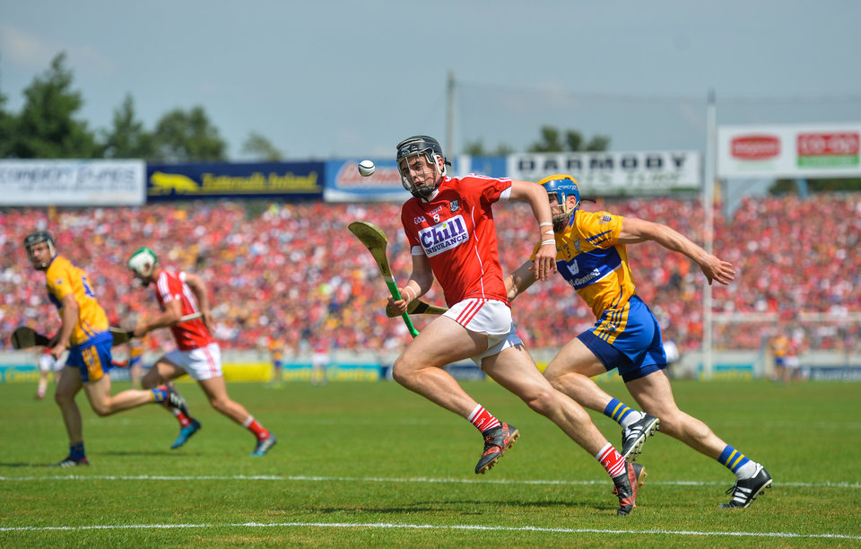 Fitzgibbon takes on Seadna Morey of Clare during the 2018 Munster hurling final
