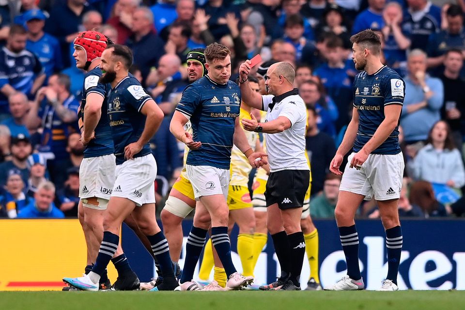 Champions Cup final referee Jaco Peyper shows a red card to Michael Ala'alatoa
