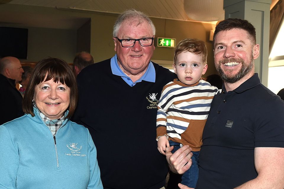 Captain and Lady Captain Michael and Catriona Mee with their son Ronan and grandson Arlo at the Captains Drive In at Laytown and Bettystown Golf Club. Photo: Colin Bell Photography