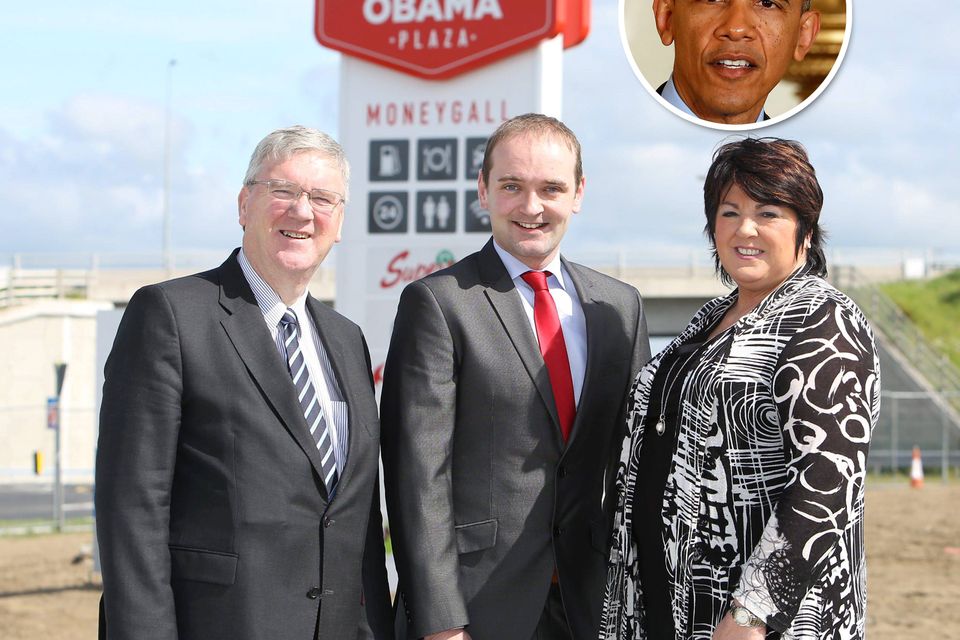 Pat and Una McDonagh, who have developed the Barack Obama Plaza in Moneygall, Co Offaly, with the US president’s nearest Irish relative Henry Healy (centre). Inset: Mr Obama