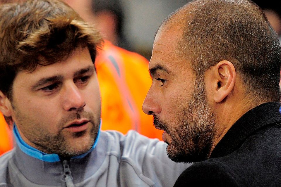 Mauricio Pochettino and Pep Guardiola during Espanyol’s game with Barcelona in 2010. Photo: Josep Lago/AFP/Getty Images