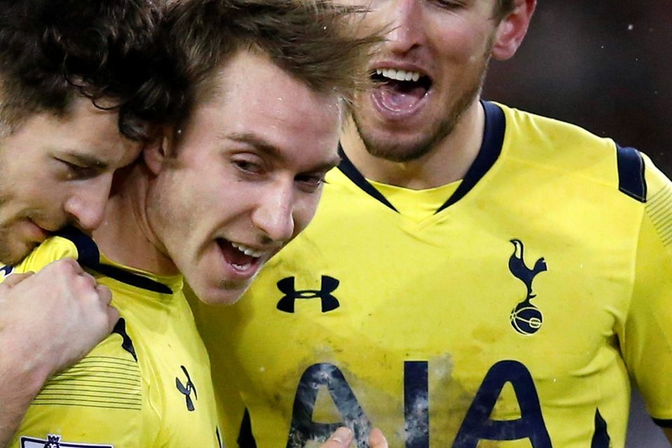 Tottenham Hotspur's Christian Eriksen (C) celebrates with team mates after their Capital One Cup semi final second leg soccer match against Sheffield United at Bramall Lane