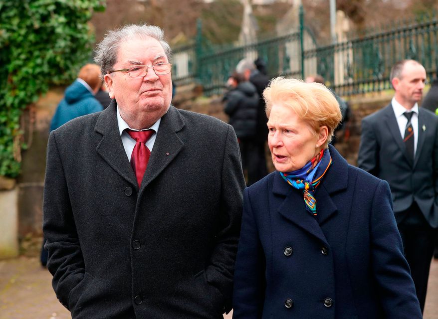 John Hume and wife Pat arriving for the funeral of Martin McGuinness. Photo: PA