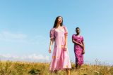 thumbnail: FéRí ‘Seashell collection. Louisa dress- Breezy button through spring dress in perfect pink organic cotton with vibrant floral embroidery €298