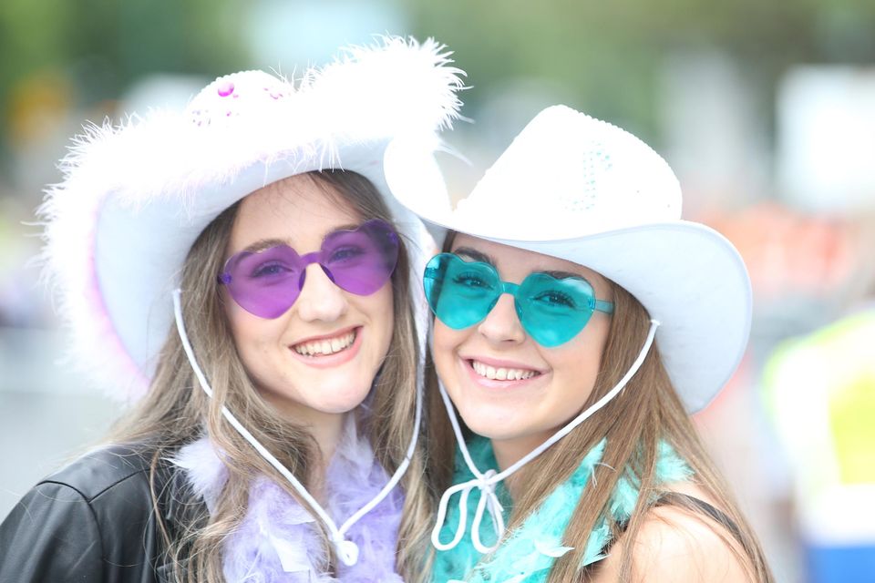 22/06/2022 Harry Styles fans Elsa Park and Naeve Pountney outside the Aviva Stadium Dublin as they get geared up for his sold-out show.It's the first concert back at the Aviva since before Covid-19 struck - and 65,000 excited fans are set to packout the stadium for the mega gig.Pic Stephen Collins / Collins Photos