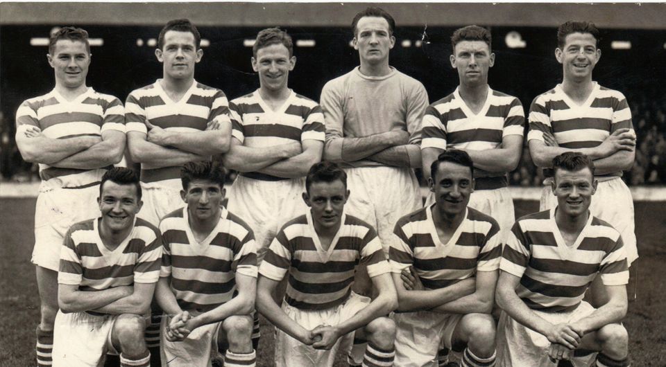A photograph from the Shamrock Rovers team of the 1957/58 season – Back row, left to right: Liam Hennessy, Gerry Mackey, Ronnie Nolan, Eamonn D’arcy, Paddy Coad, Shay Keogh. Front row, left to right: Jimmy ‘Maxie’ McCann, Noel Peyton, Leo O’Reilly, Tommy Hamilton, Liam Tuohy