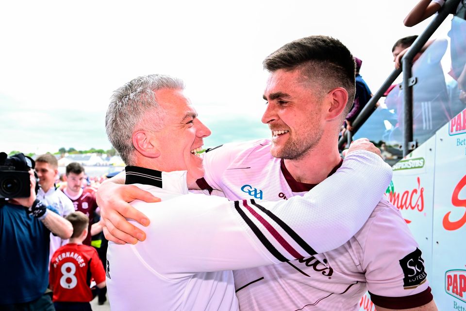 Galway goalkeeper Connor Gleeson celebrates with his manager Pádraic Joyce after their side's victory over Mayo in the Connacht SFC final. Photo: Piaras Ó Mídheach/Sportsfile