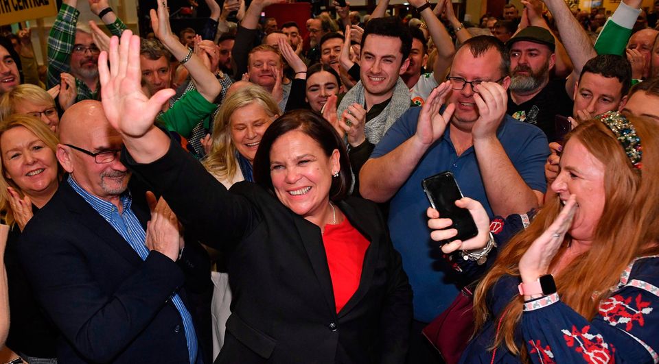Wave of support: Sinn Féin party leader Mary Lou McDonald celebrates with her supporters after topping the poll in the Dublin Central constituency on the first count in the RDS in Dublin. Photo: BEN STANSALL/AFP via Getty Images