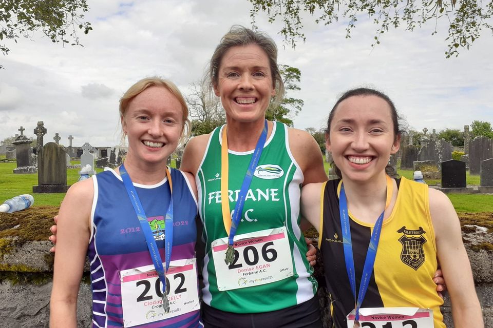 The top three in the Leinster Women's Novice Road championships 3km race, from left; Clodagh Kelly (Croghan), second; Denise Egan (Ferbane), first; Megan McCarthy (KCH), third.
