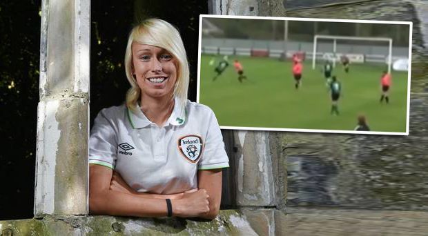 Peamount United player Stephanie Roche. Inset: Stephanie's entry in the 2014 Puskas Goal of the Year