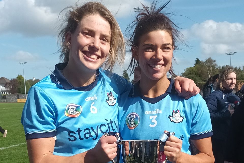 Dublin camogie captain, Aisling Maher (left) and Dublin full-back with the Very National Camogie League Division 1B Cup at after the win against Wexford at SETU, Carlow last Saturday.