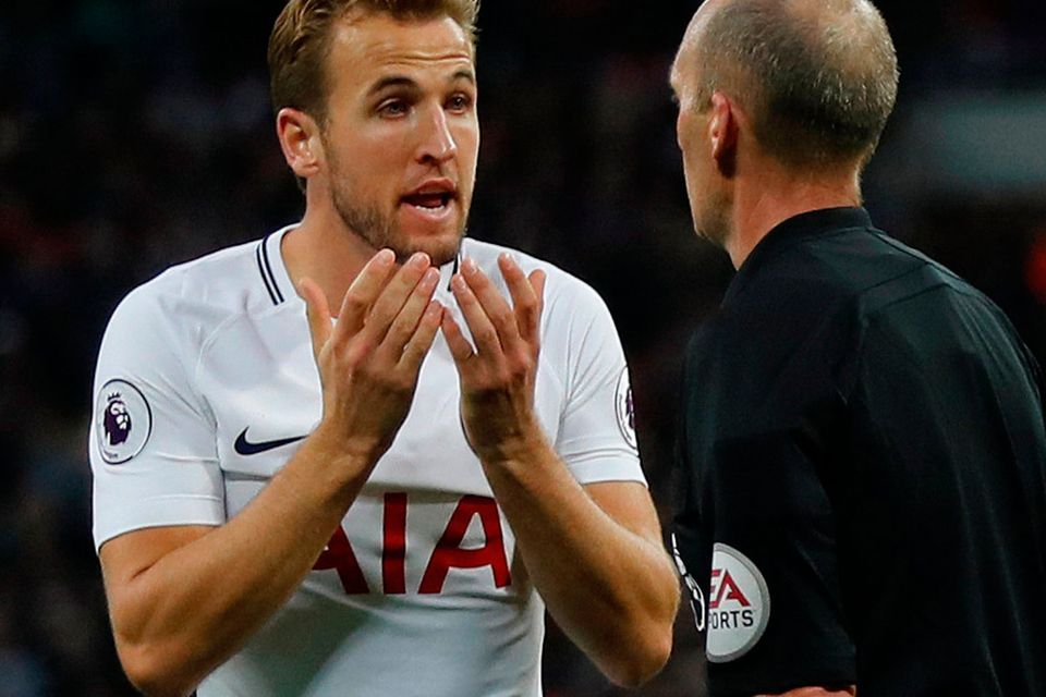 Tottenham's Harry Kane remonstrates with referee Mike Dean