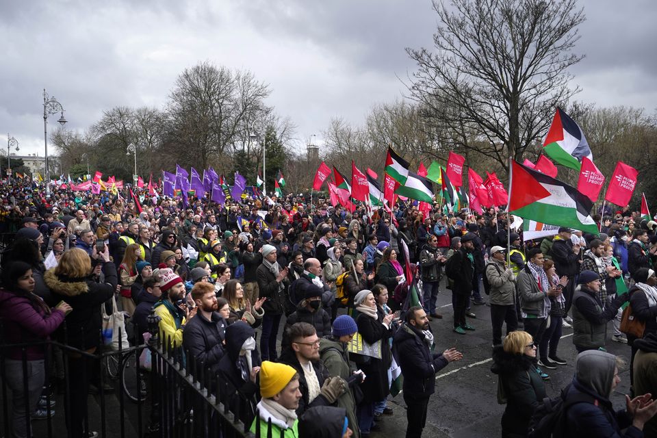People during the Stand Together solidarity march in Dublin. The demonstration is taking place to show support for diversity and equality and denounce racism, hate and war. Picture date: Saturday March 2, 2024. Photo: Niall Carson.