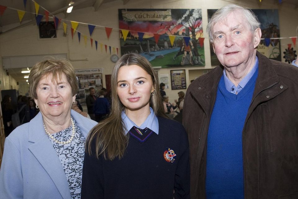 Emma Whelan with her grandparents Patricia and Jim Boland enjoying Grandparents Day at Coláiste Eoin, Hacketstown.