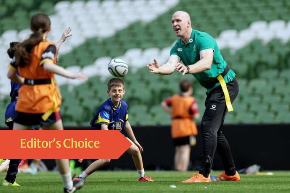 Ireland legend Paul O’Connell coaching kids during the Aldi Play Rugby National Festival at the Aviva Stadium. Photo: Inpho/Laszlo Geczo