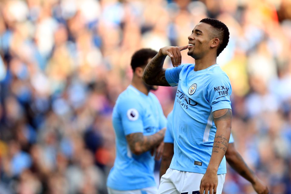 Gabriel Jesus celebrates scoring Manchester City's fourth against Stoke