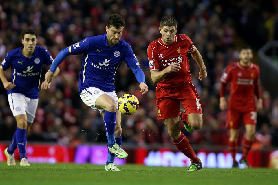 Leicester City's David Nugent and Liverpool's Steven Gerrard