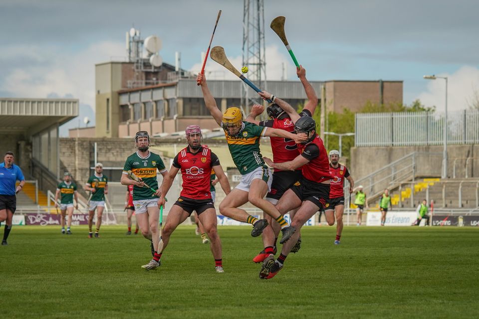 Kerry’s Niall Mulcahy (10) leaps to win the sliotar against Down the Joe McDonagh Cup Round 2 game at Austin Stack Park on Sunday afternoon Photo by Mark O’Sullivan