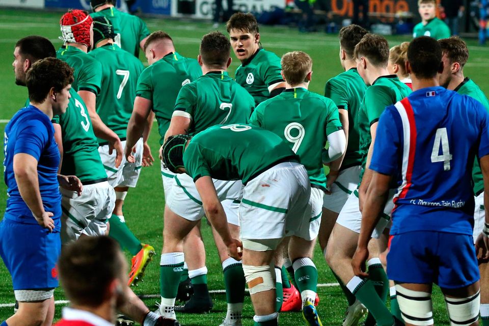 Ireland players celebrate a try during the U20 Six Nations Rugby Championship match between France and Ireland at Stade Maurice David in Aix-en-Provence, France. Photo: Manuel Blondeau/Sportsfile