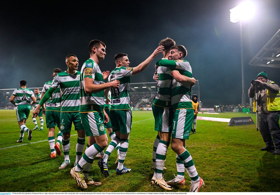 29 March 2024; Darragh Burns of Shamrock Rovers, right, celebrates with team mates after scoring their side's second goal during the SSE Airtricity Men's Premier Division match between Shamrock Rovers and Bohemians at Tallaght Stadium in Dublin. Photo by David Fitzgerald/Sportsfile