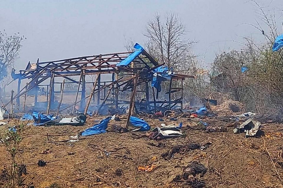 The scene of devastation after the air strike in Pazigyi village in Sagaing Region’s Kanbalu Township in Myanmar. Photo: Kyunhla Activists Group via AP