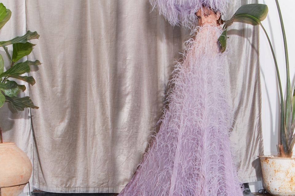 Lilac feather cape from Sorcha O'Raghallaigh's 'Young Hearts Run Free' collection. Photo: Amy Gwatkin
