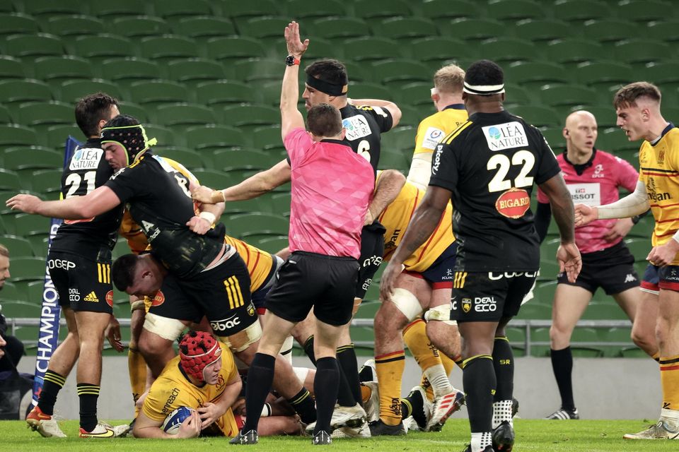 Action from the Heineken Champions Cup Pool B Round 2 match between Ulster and La Rochelle at Aviva Stadium in Dublin last December. Photo by John Dickson/Sportsfile