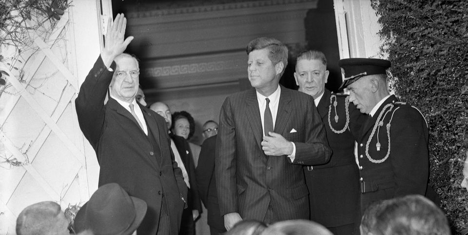 American President John Fitzgerald Kennedy (J.F.K.)'s visit to Ireland June 1963. Lord and Lady Elveden's Garden Party at Áras an Uachtaráin.
Éamon de Valera and JFK in doorway.