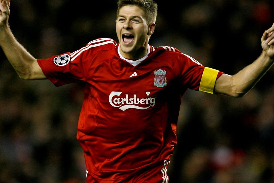 File photo dated 01-10-2008 of Liverpool's Steven Gerrard celebrates scoring his 100th goal for Liverpool PRESS ASSOCIATION Photo. Issue date: Friday May 15, 2015. Steven Gerrard season by season. See PA story SOCCER Season by Season. Photo credit should read Peter Byrne/PA Wire.