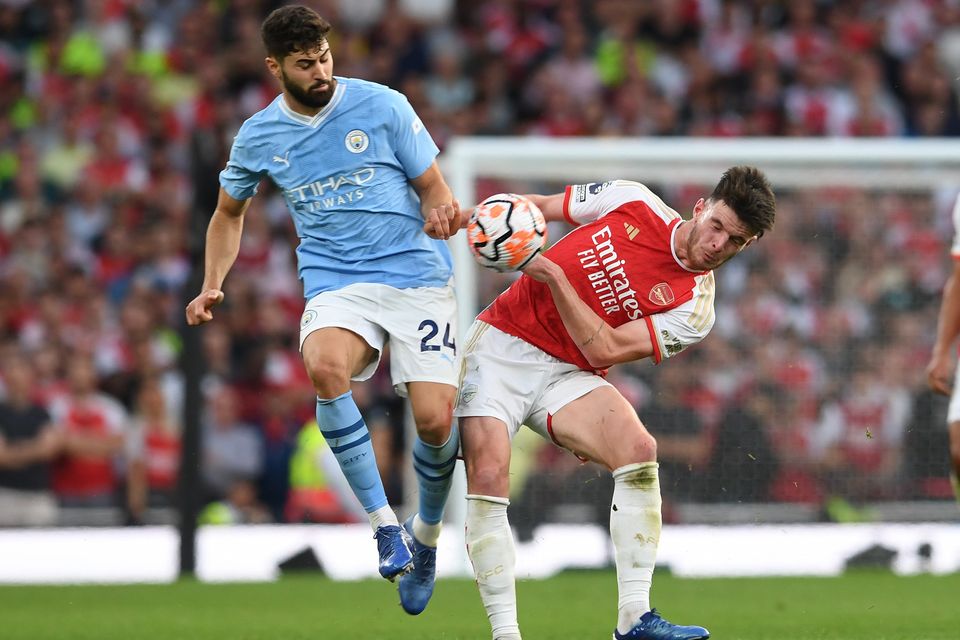 Arsenal's Declan Rice (r) challenges Josko Gvardiol of Man City during their Premier League match at the Emirates Stadium in London last October.