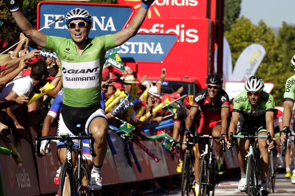 Giant Shimano's German rider John Degenkolb celebrates as he crosses the finish line to win stage five of the Vuelta a Espana. Photo: JOSE JORDAN/AFP/Getty Images