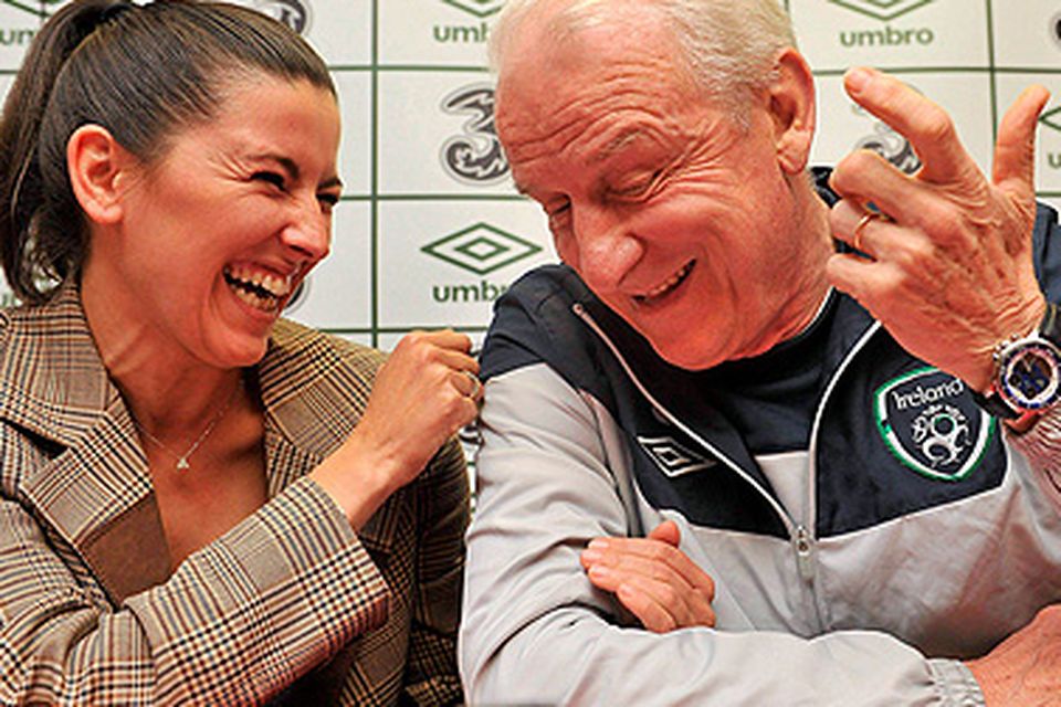 Right hand woman: Manuela Spinelli at a press conference as Giovanni Trapattoni's translator