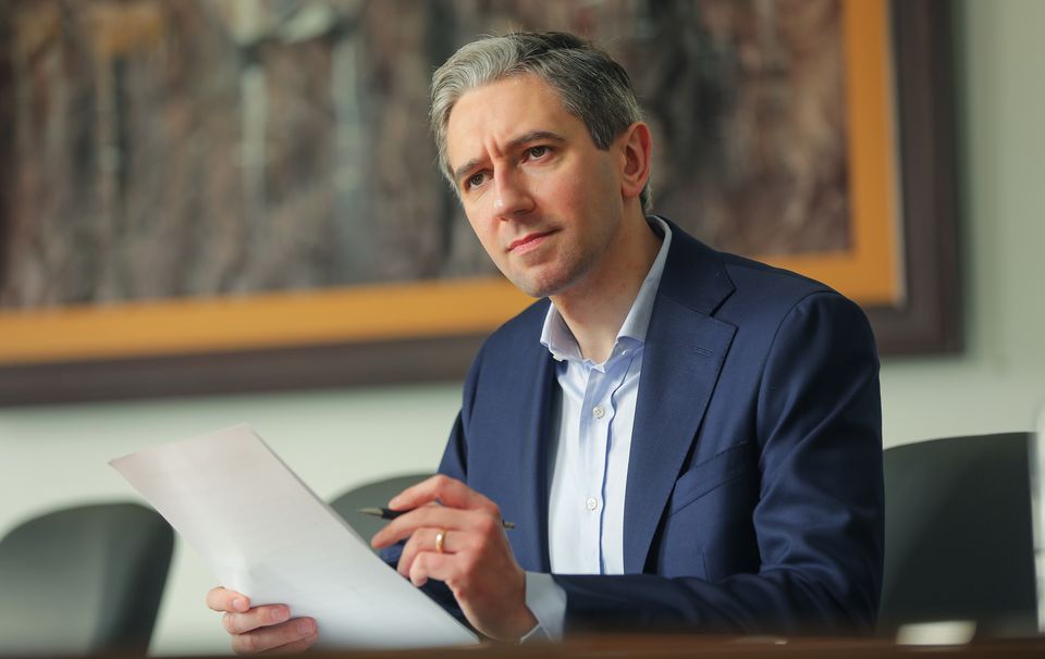 Fine Gael leader Simon Harris reviews his speech at the Fine Gael ard fheis in Galway. Photo: Gerry Mooney