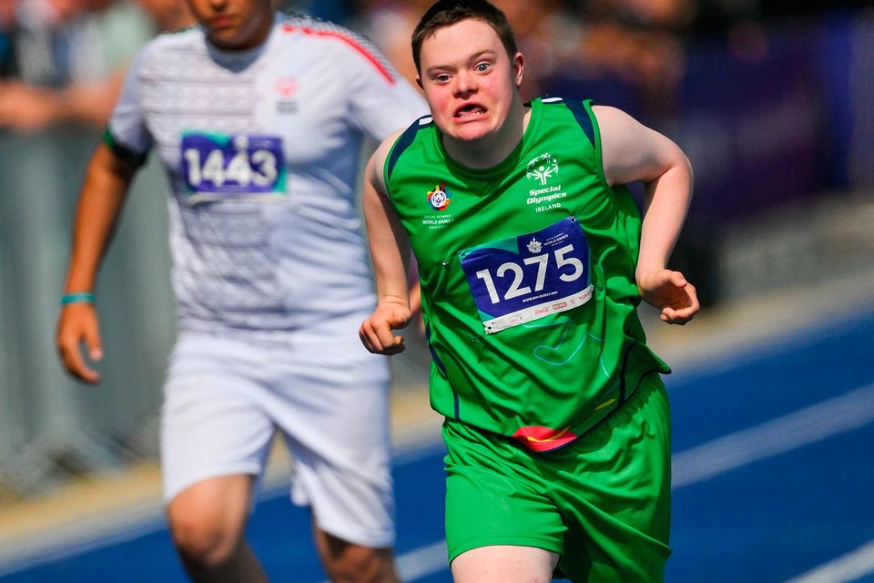 21 June 2023; Team Ireland's Ryan Griffin, 1275, a member of Skellig Stars Special Olympics Club, from Waterville, Kerry, during the 100m quarter finals on day five of the World Special Olympic Games 2023 at the Hanns-Braun-Stadion, in the Olympiapark, Berlin, Germany.  Photo by Ray McManus/Sportsfile 