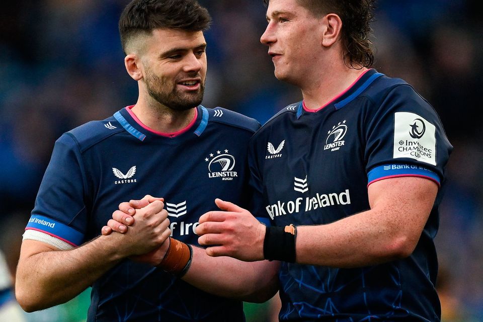 4 May 2024; Leinster players Harry Byrne, left, and Joe McCarthy after their side's victory in the Investec Champions Cup semi-final match between Leinster and Northampton Saints at Croke Park in Dublin. Photo by Brendan Moran/Sportsfile