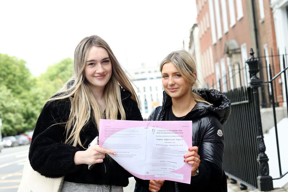 08/06/2022. Day 1 of Leaving Cert Exams. Pictured (LtoR) Molly McNiffe and Ashley Dunne from the Institute of Education review English Paper one after their first exam in the the Leaving Cert 2022. Photo Sam Boal/Rollingnews.ie