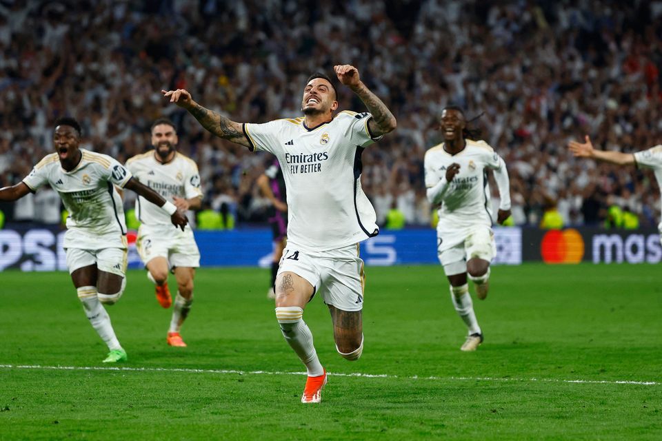 Real Madrid's Joselu celebrates scoring their second goal in the Champions League semi-final second leg against Bayern Munich at Santiago Bernabeu stadium in Madrid