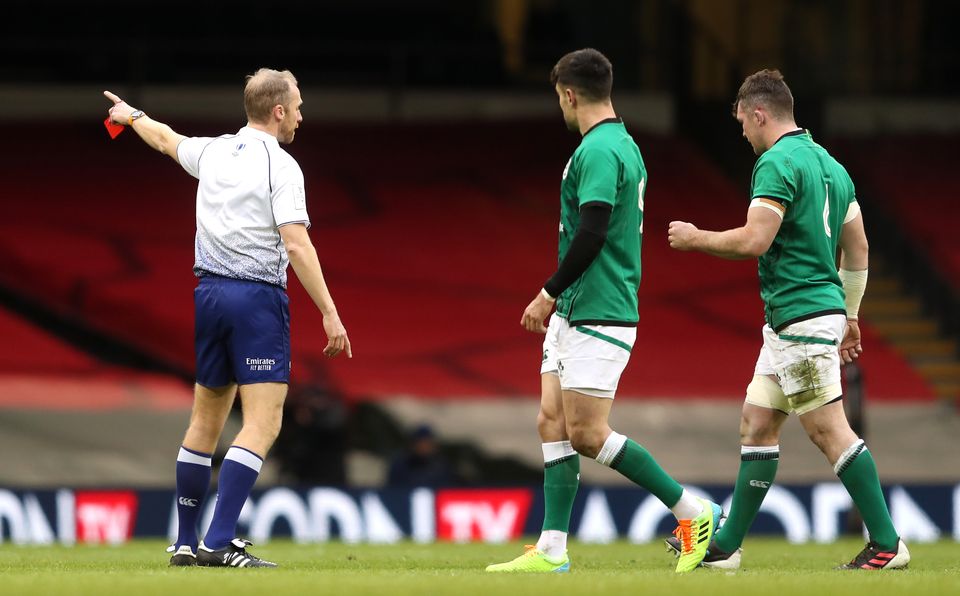 Peter O’Mahony’s early dismissal damaged Ireland’s hopes of victory in Wales last year (David Davies/PA)